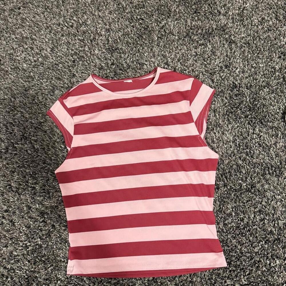 Pink & Red Horizontal Stripe Cap Sleeve Fitted Tee